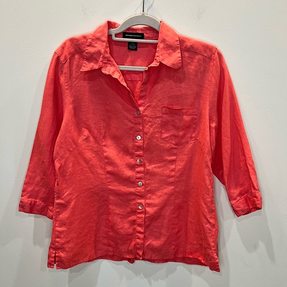 Goodclothes 3/4‎ Sleeve Button Up Women’s Shirt Size XL Coral 100% Linen